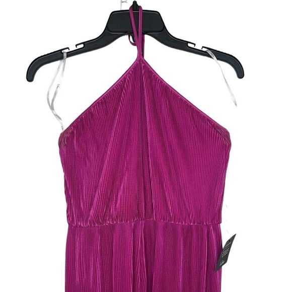Lulu’s Fun Perfection Magenta Barbiecore Satin Plisse Wide-Leg Halter Jumpsuit - Picture 4 of 10